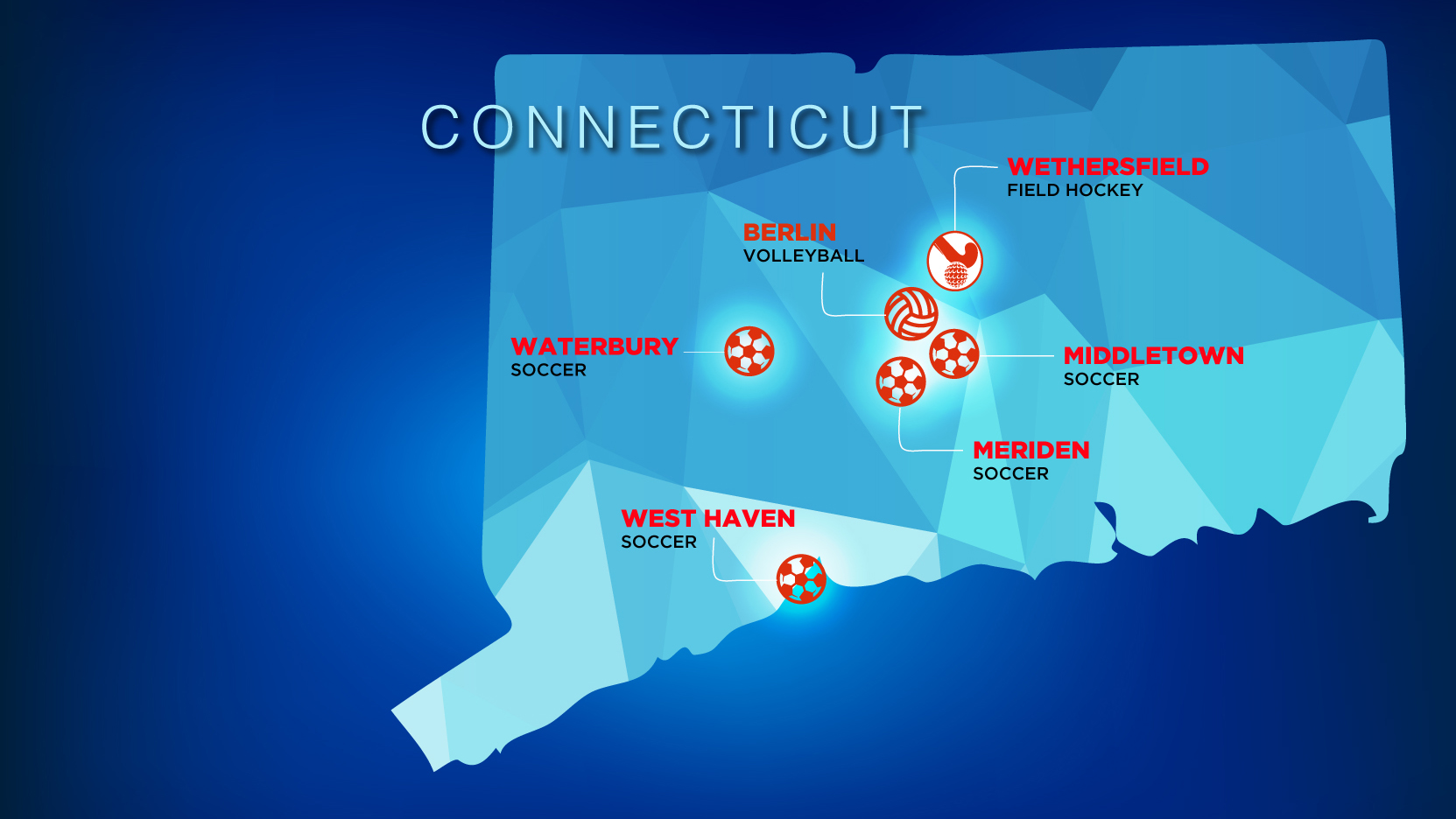 Connecticut state map polygonal with spot lights places